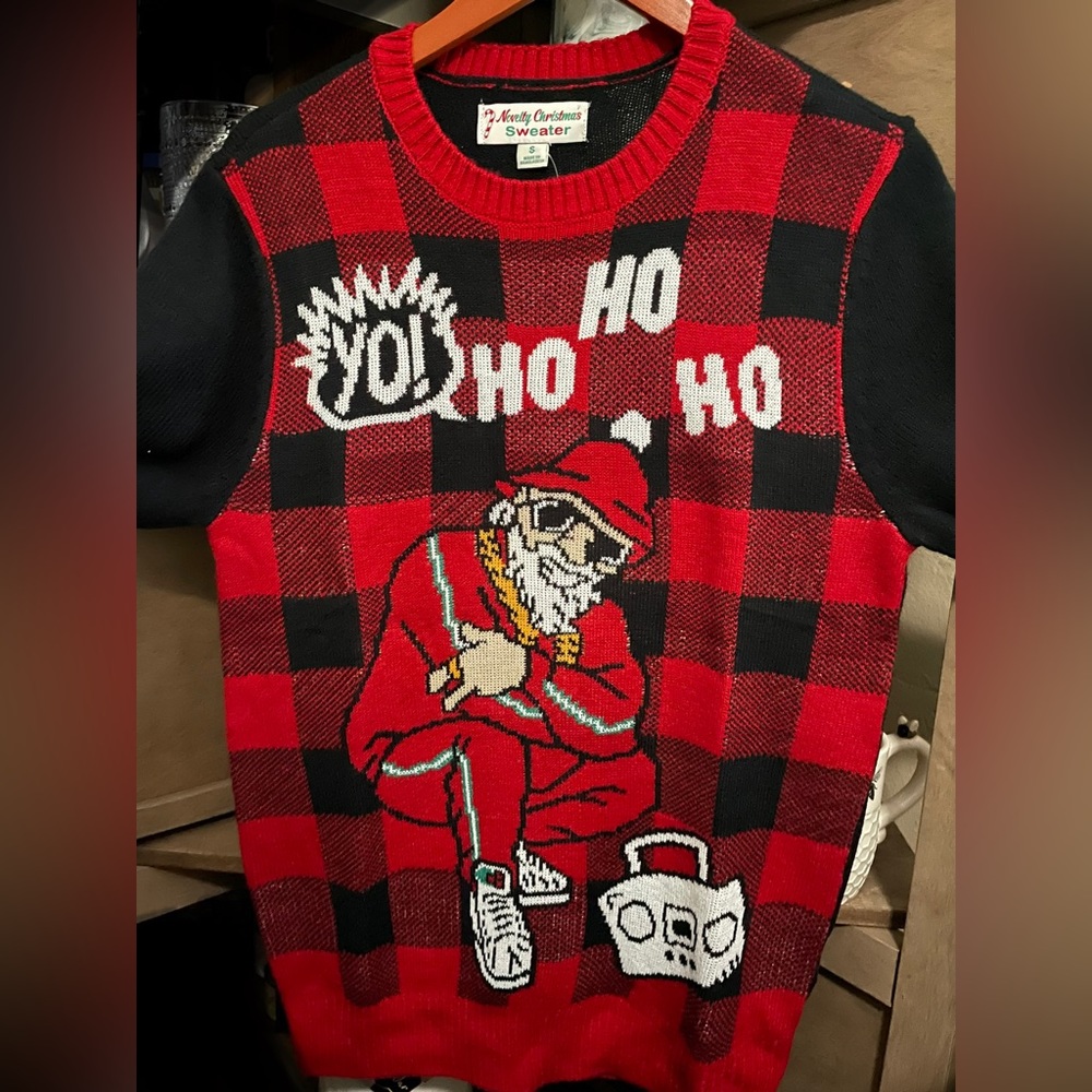 Santa boom box Yo Ho Ho Ho Christmas Sweater Red black plaid, 1 Med.  (sm SOLD)